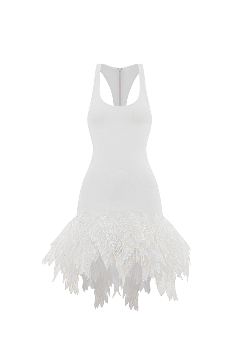 White POEM ÉTHER MINI DRESS shown on a hanger, featuring a sleek, minimalist design with clean lines and modern style.