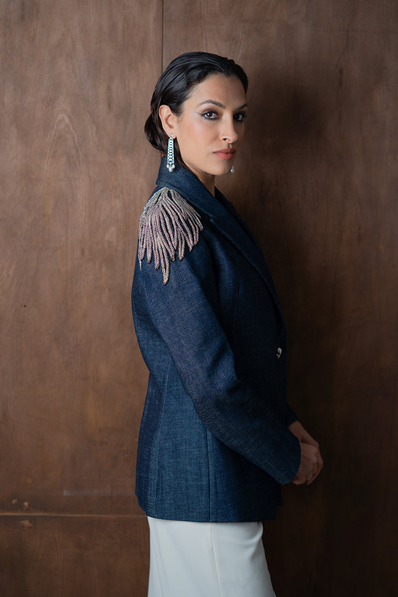 Nadya Shah AVA Denim Blazer jacket in classic blue denim, tailored fit with front buttons and collar detail.