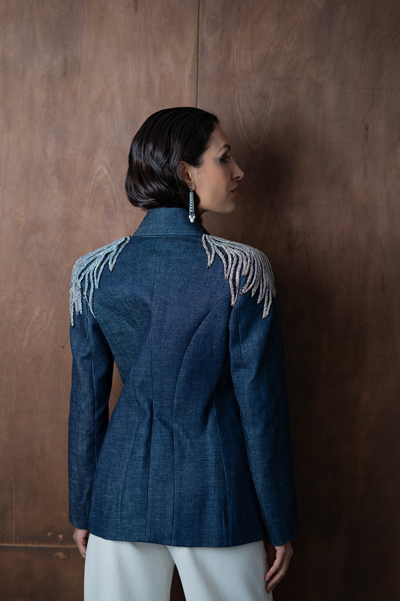 Nadya Shah AVA denim blazer jacket featuring classic denim fabric, tailored fit, and stylish design for versatile casual wear.