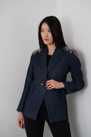 Nadya Shah AVA denim blazer, stylish jacket with classic denim fabric, tailored fit, and button details on the front.