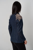 Nadya Shah AVA denim blazer jacket featuring classic denim fabric, tailored fit, and stylish lapel collar on a neutral background.