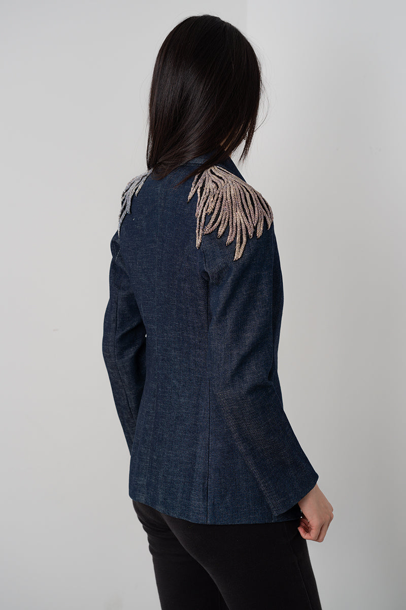 Nadya Shah AVA denim blazer jacket featuring classic denim fabric, tailored fit, and stylish lapel collar on a neutral background.