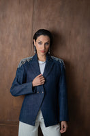 Nadya Shah AVA denim blazer jacket, fitted style with classic denim fabric and button closure, displayed on a neutral background