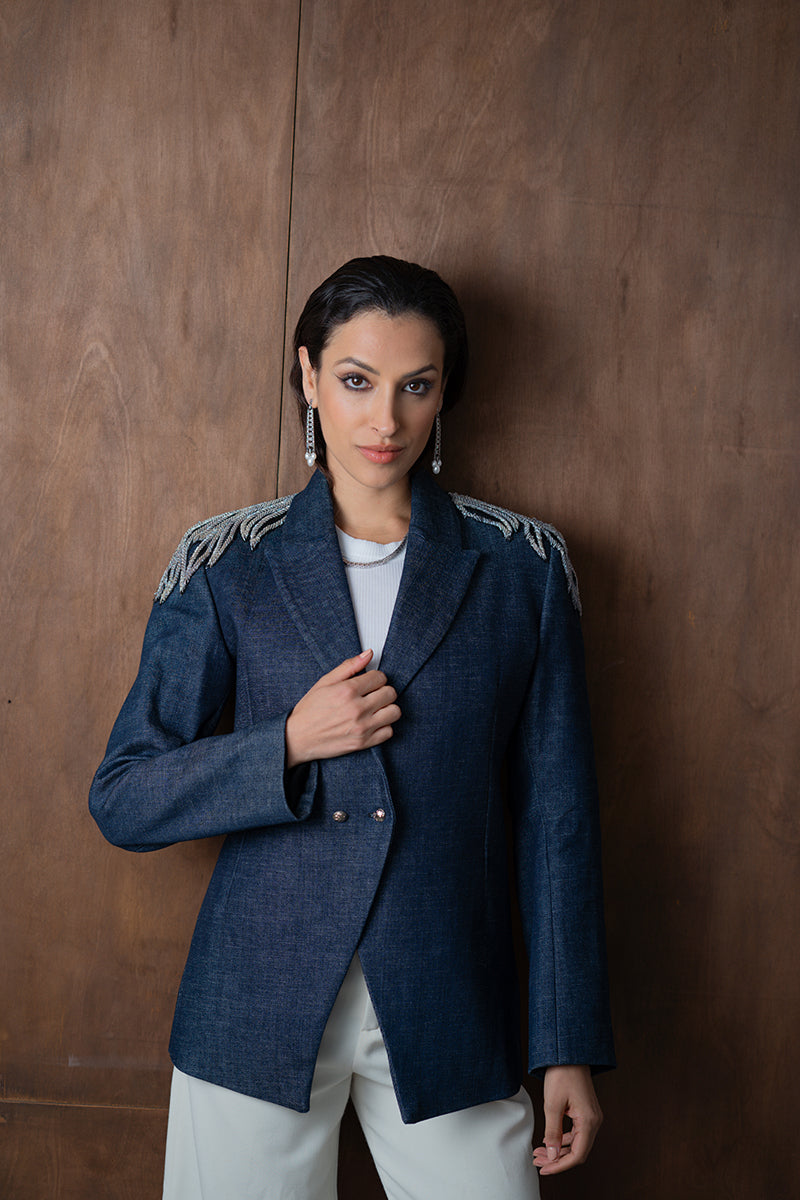 Nadya Shah AVA denim blazer jacket, fitted style with classic denim fabric and button closure, displayed on a neutral background