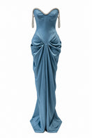 Blue Evania gown by Urban Muse featuring elegant fabric and a flowing silhouette, perfect for formal occasions.