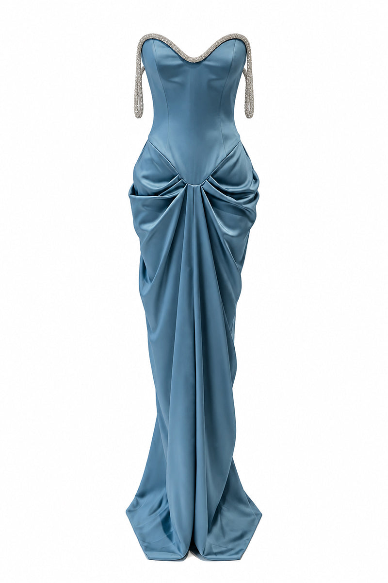 Blue Evania gown by Urban Muse featuring elegant fabric and a flowing silhouette, perfect for formal occasions.