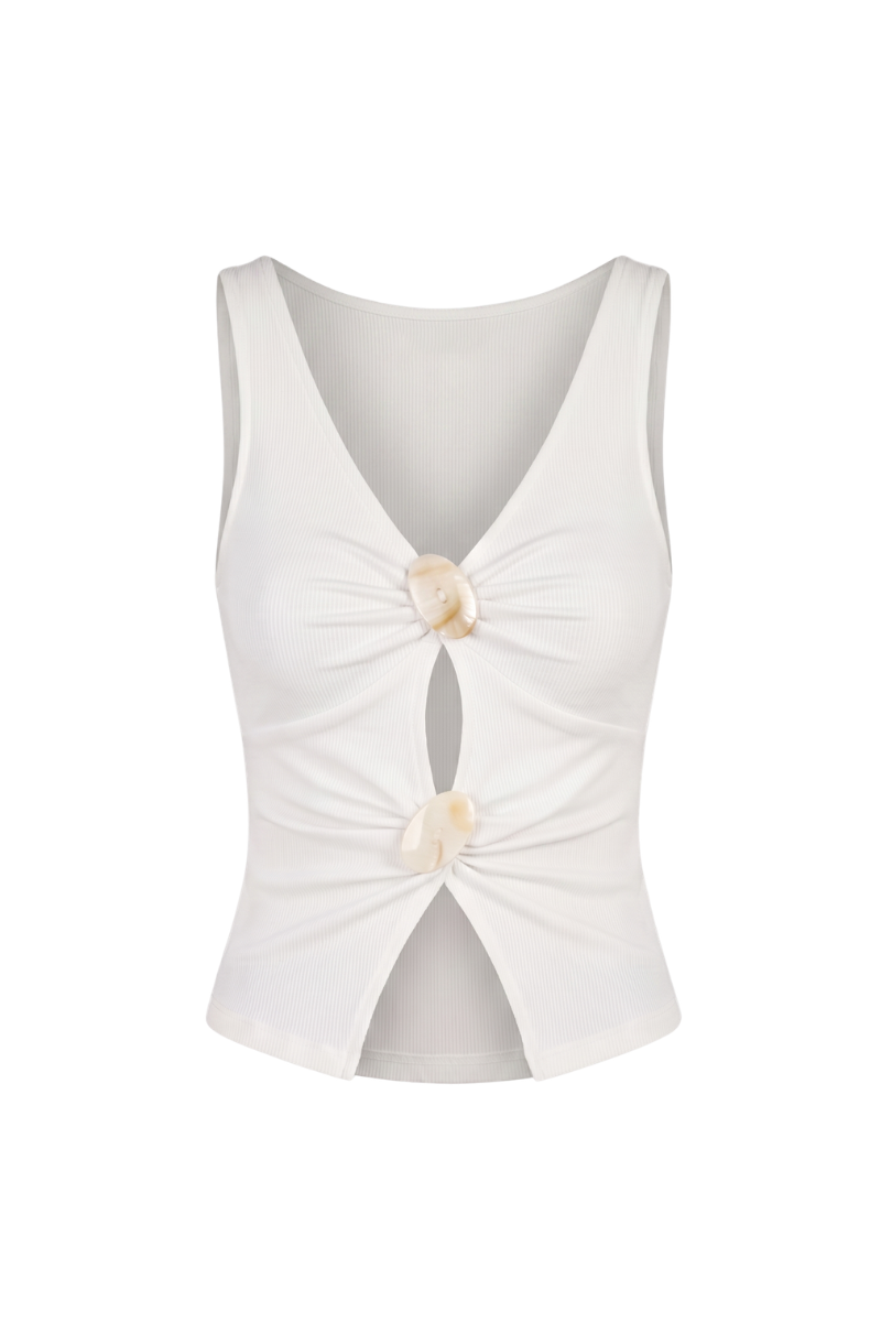 White EVIA top by Summer Away featuring a stylish, sleeveless design with a relaxed fit, perfect for casual summer outfits.