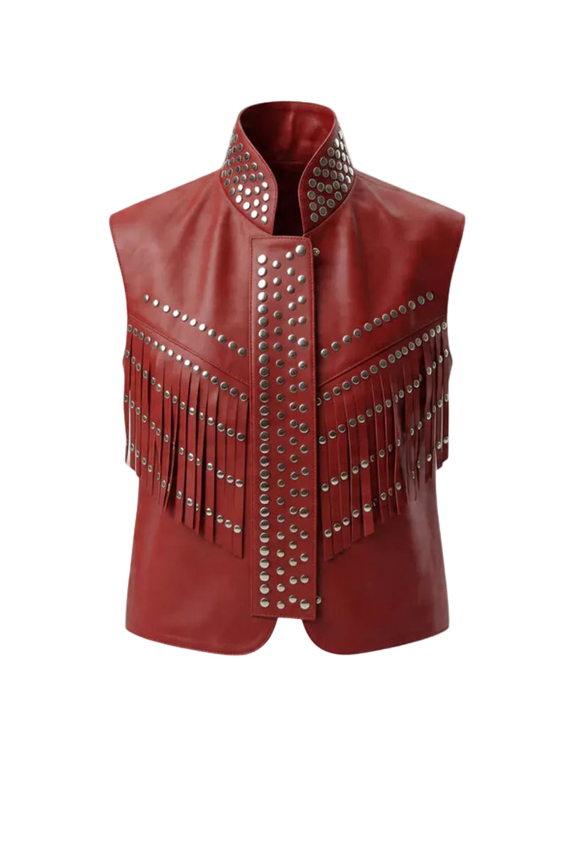 Red leather vest by Double A featuring a stylish Ezra design, shown in a close-up image highlighting the texture and fit.