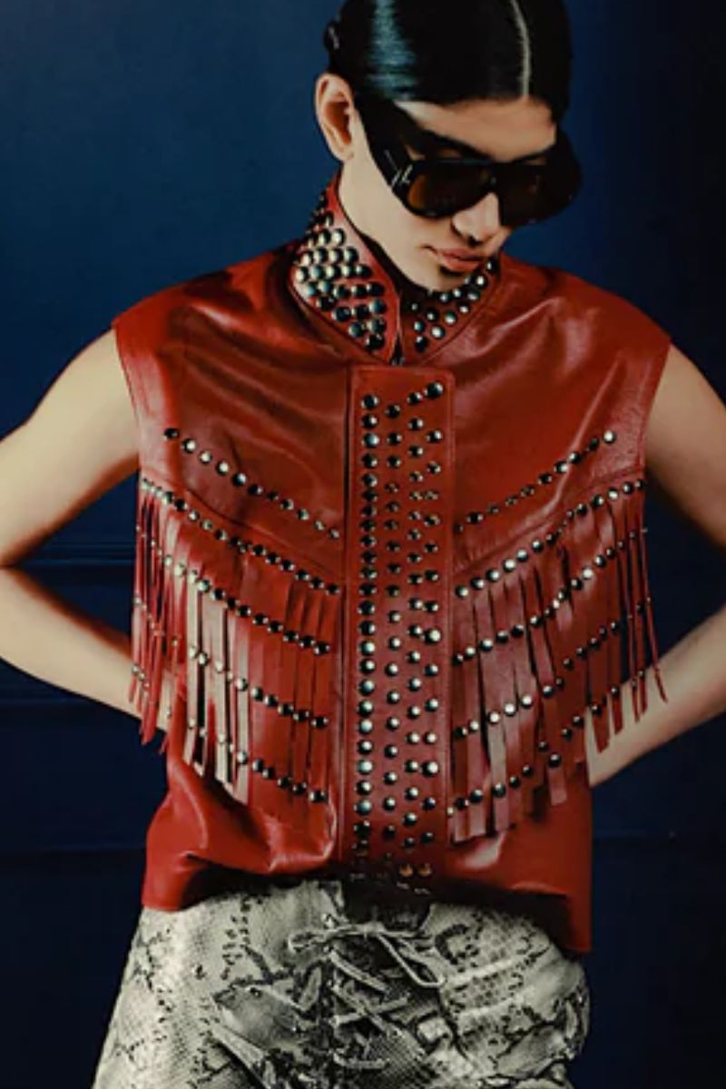 Double A Ezra leather vest in red, sleeveless design with front zipper and stylish leather details.