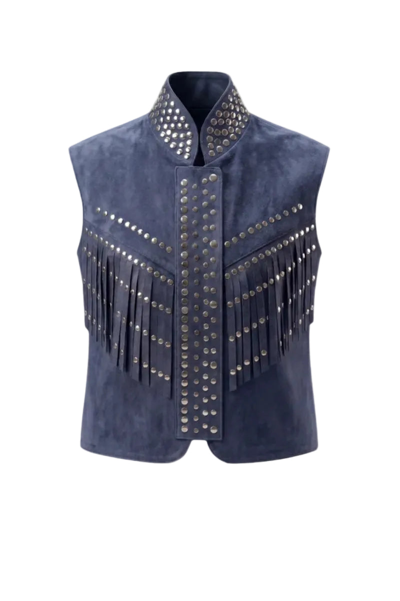 Double A Ezra suede vest in blue, showcasing a stylish sleeveless vest with a soft suede texture and classic design.
