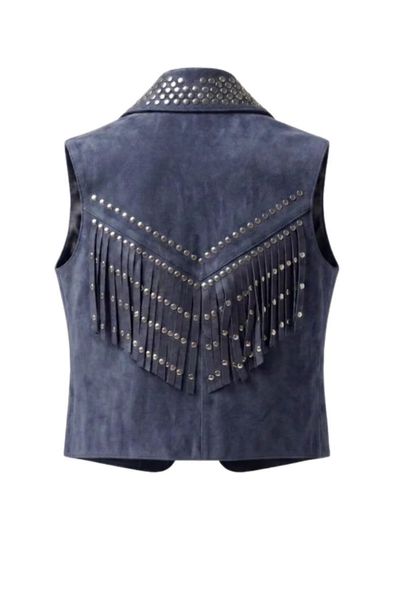 Double A Ezra suede vest in blue, showcasing its soft suede fabric and stylish sleeveless design.