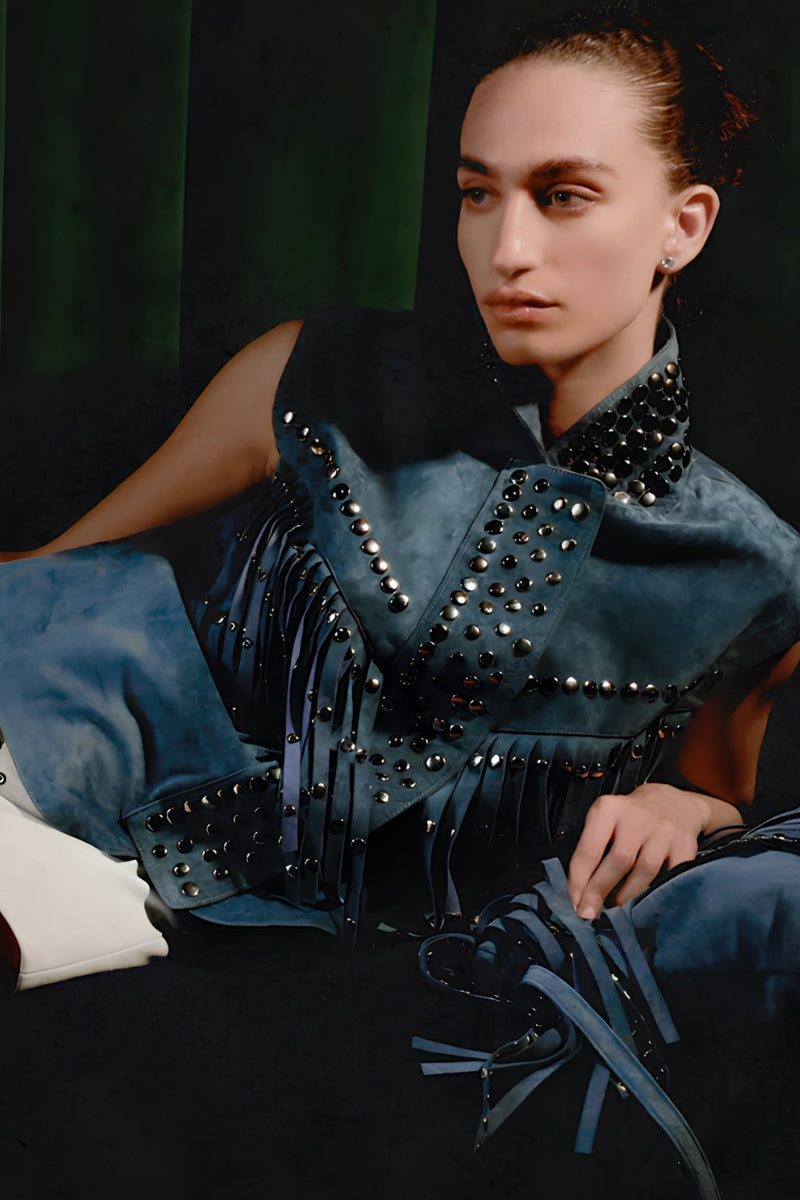 Blue Ezra suede vest by Double A, showcasing a stylish, soft suede texture and tailored fit on a neutral background.
