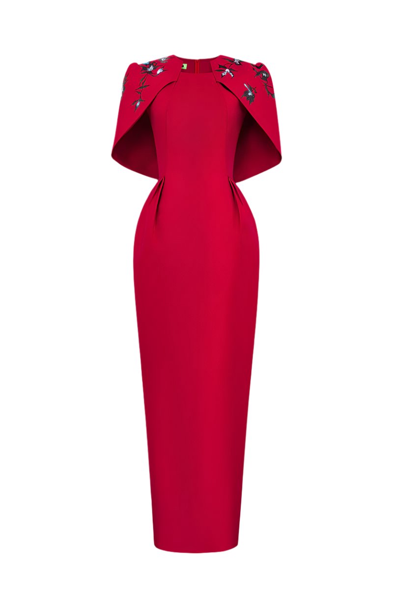 Hand-painted crimson cosmos gown by Tiny Ink featuring a flowing evening dress with intricate celestial designs.