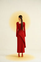 Red Twinkle Knit Maxi Dress by EEGEN STUDIO, featuring a flowing knit fabric and elegant maxi length for stylish occasions.