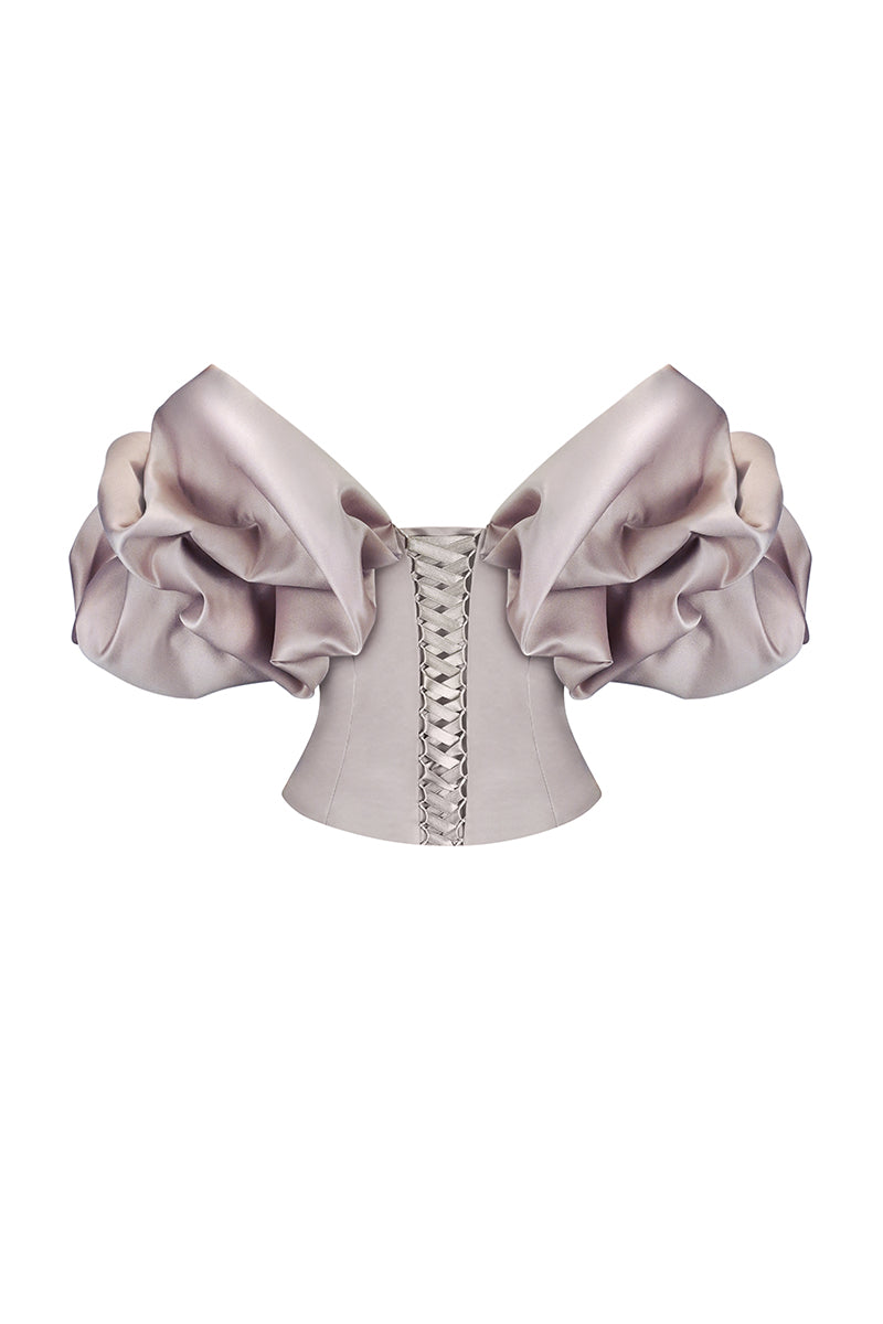 Beige volumetric corset top by Monetre featuring structured design and intricate detailing.