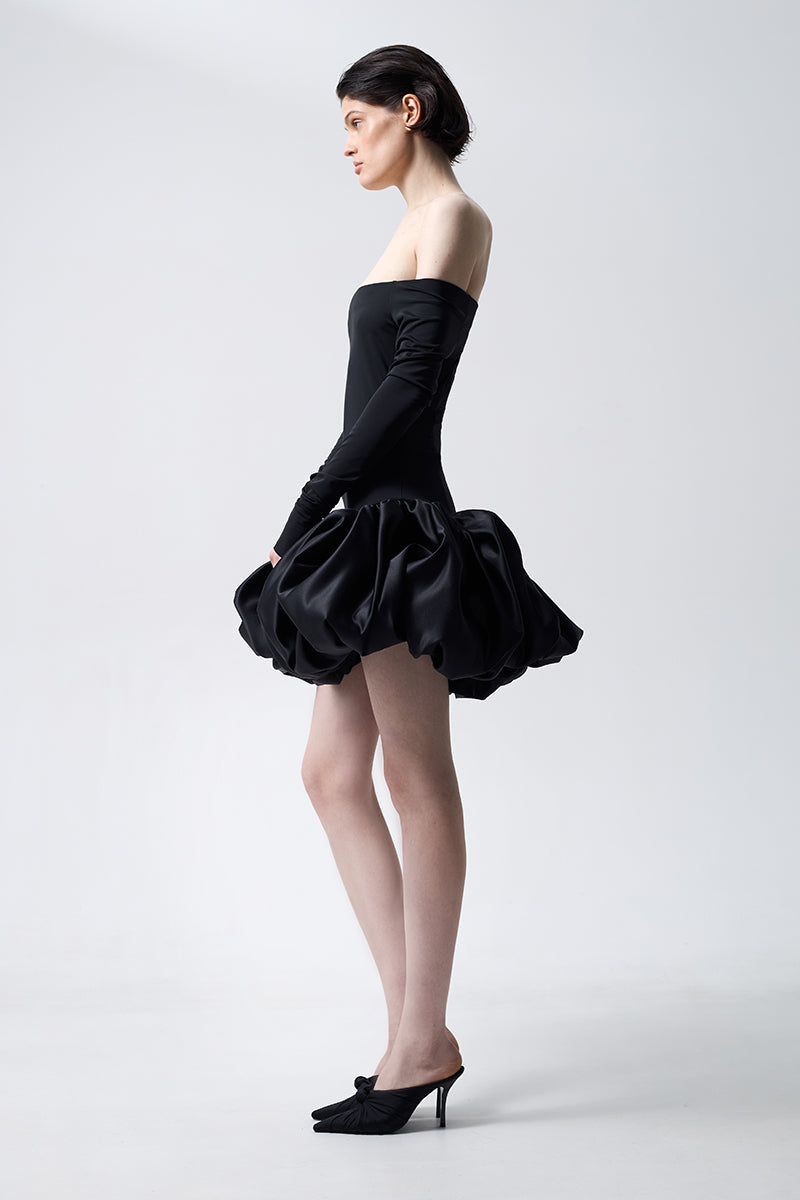 MERINGUE FLOUNCE MINI DRESS IN BLACK - CULT MIA