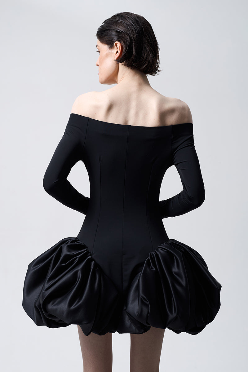 MERINGUE FLOUNCE MINI DRESS IN BLACK - CULT MIA