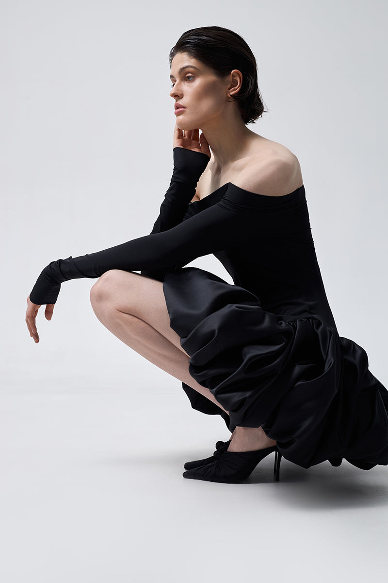 MERINGUE FLOUNCE MINI DRESS IN BLACK - CULT MIA