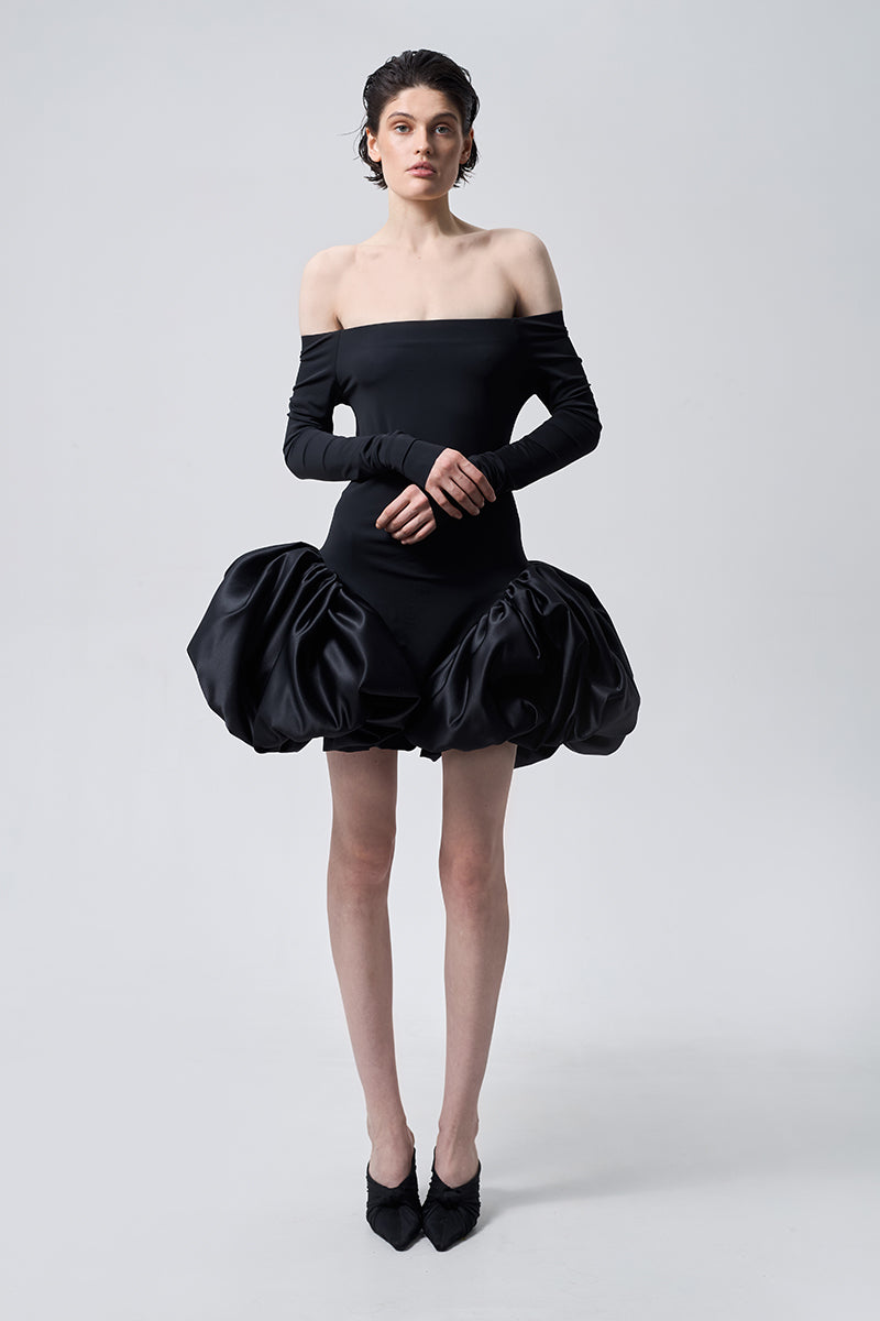 MERINGUE FLOUNCE MINI DRESS IN BLACK - CULT MIA