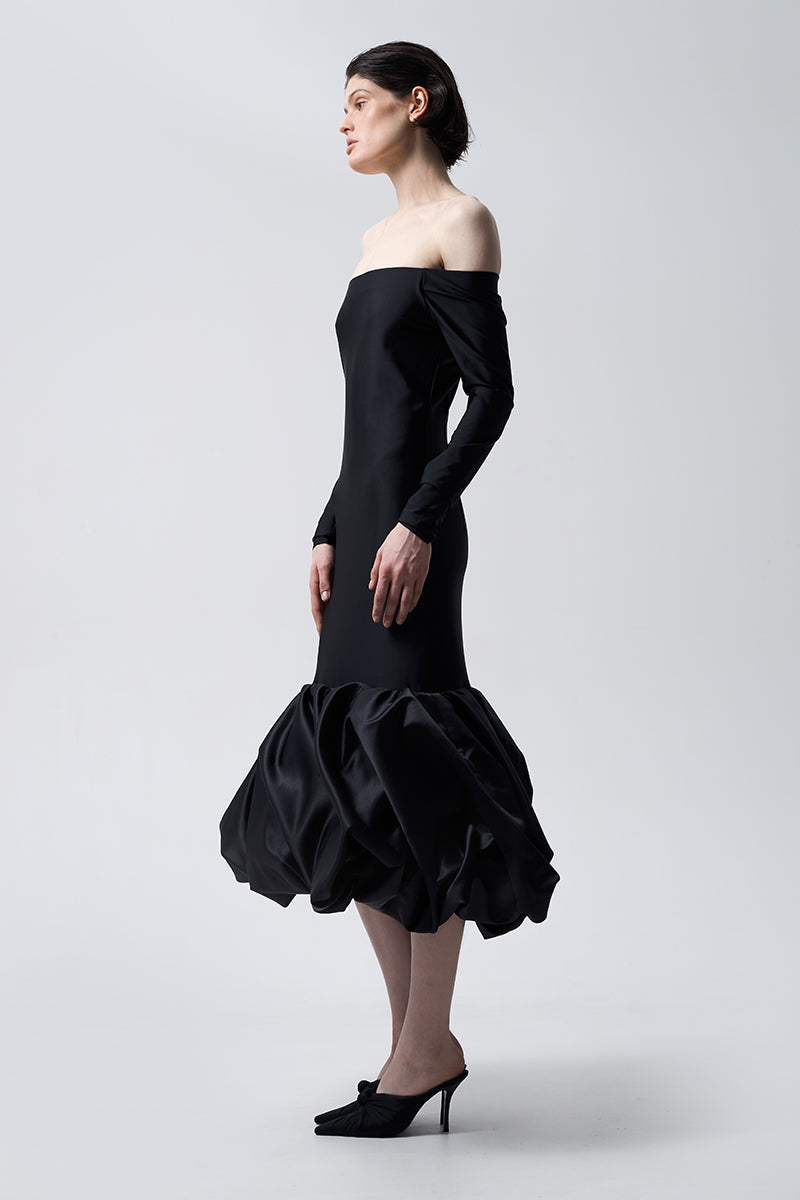MERINGUE FLOUNCE MIDI DRESS IN BLACK - CULT MIA