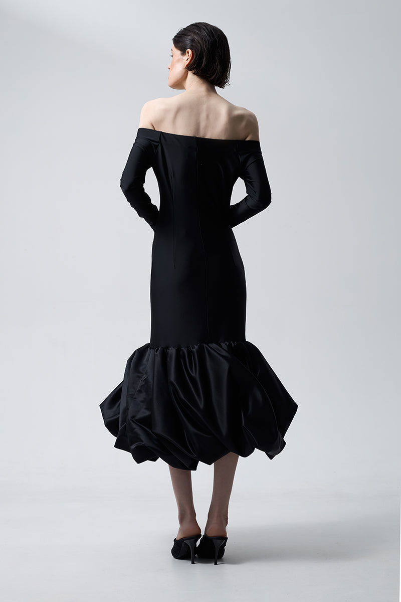 MERINGUE FLOUNCE MIDI DRESS IN BLACK - CULT MIA