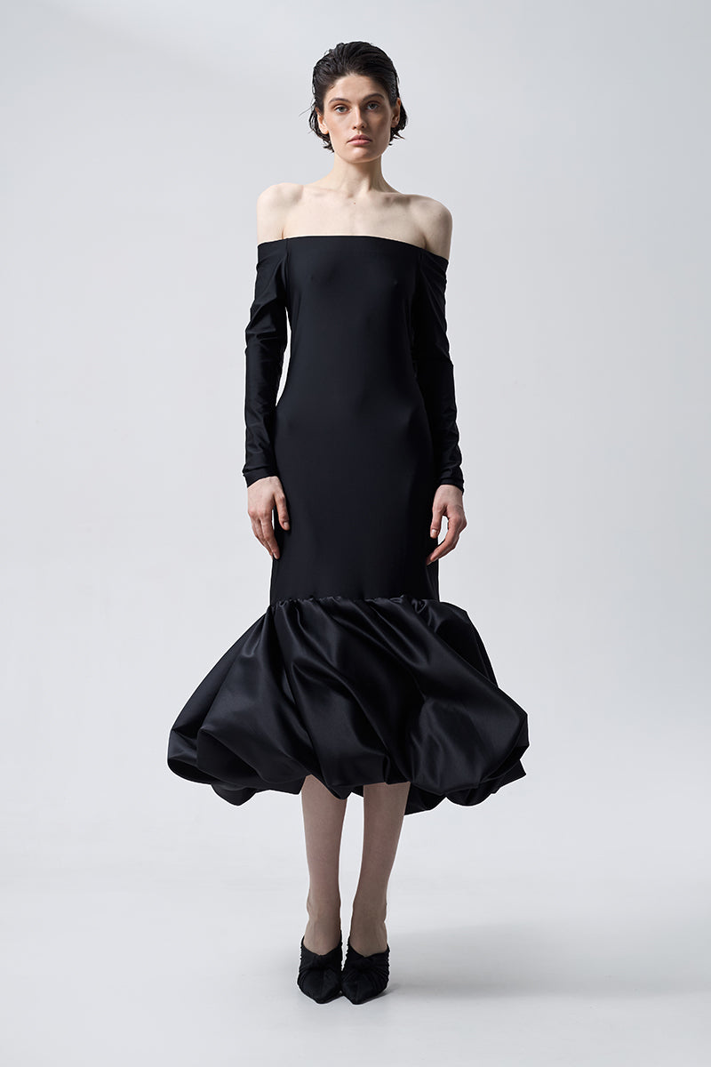 MERINGUE FLOUNCE MIDI DRESS IN BLACK - CULT MIA