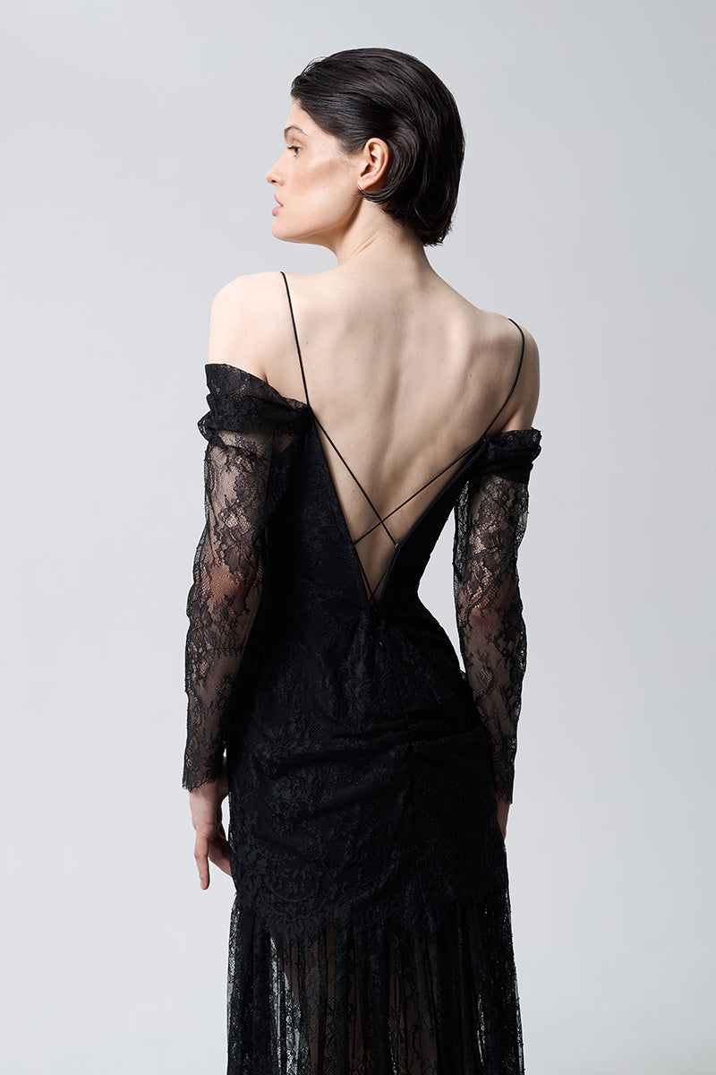 LACE DRAPED DRESS IN BLACK - CULT MIA