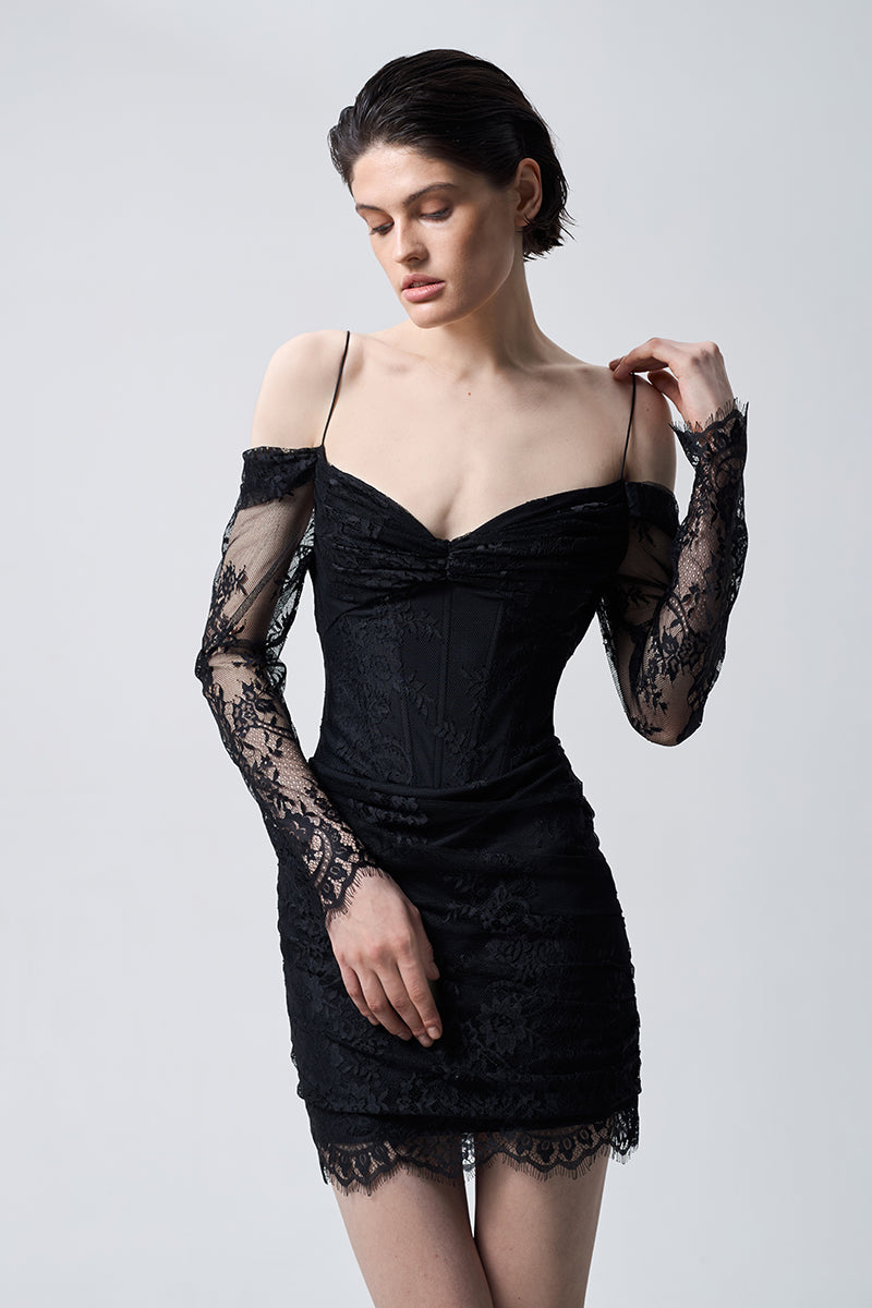 LACE DRAPED DRESS MINI IN BLACK - CULT MIA