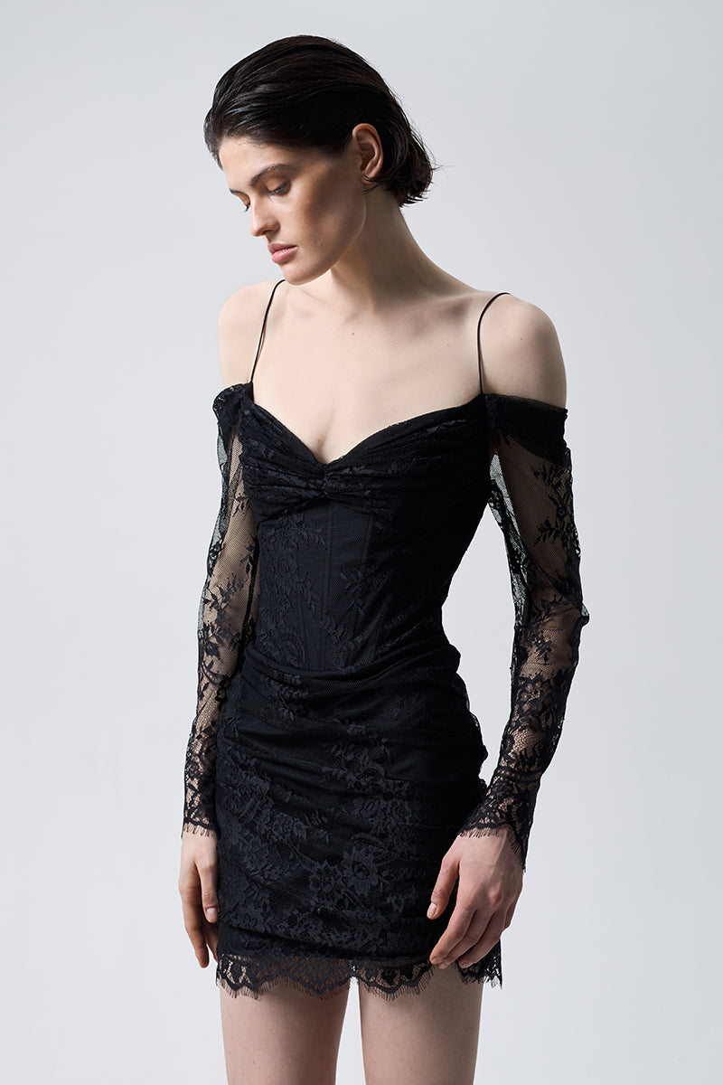 LACE DRAPED DRESS MINI IN BLACK - CULT MIA