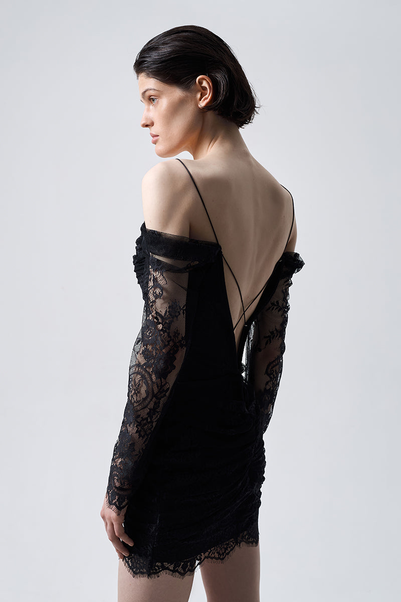 LACE DRAPED DRESS MINI IN BLACK - CULT MIA