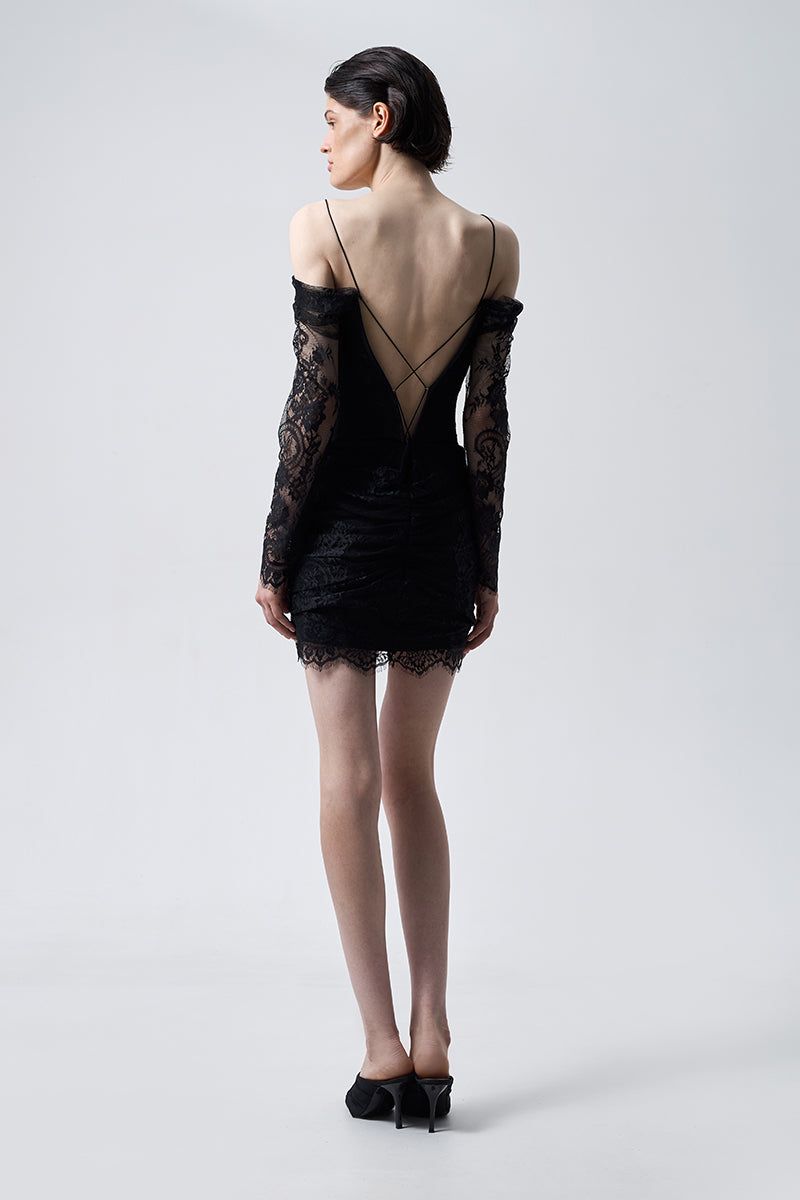 LACE DRAPED DRESS MINI IN BLACK - CULT MIA