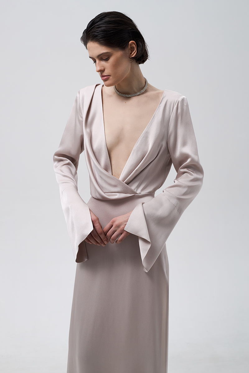 V-NECK DRESS IN LIGHT BEIGE - CULT MIA