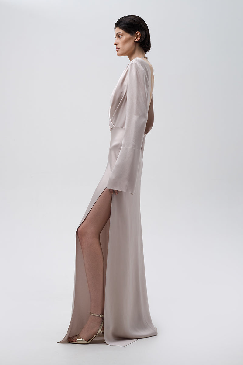 V-NECK DRESS IN LIGHT BEIGE - CULT MIA
