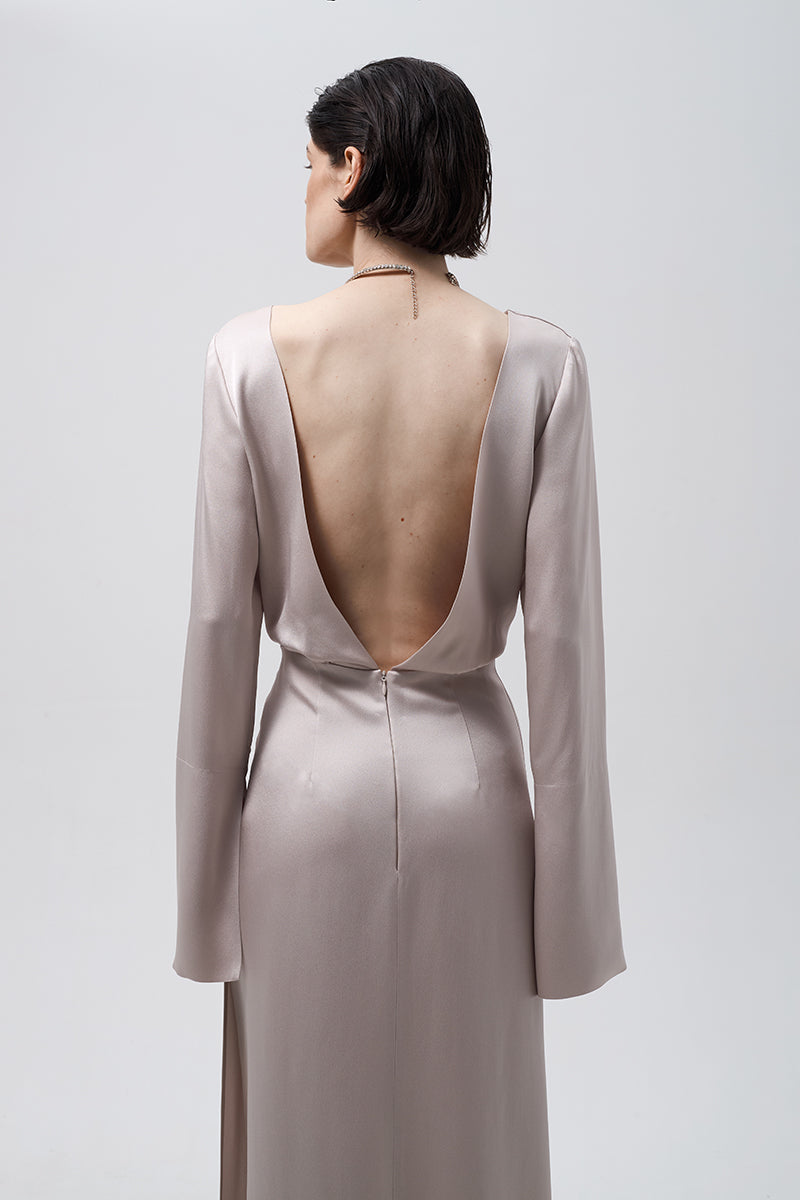 V-NECK DRESS IN LIGHT BEIGE - CULT MIA