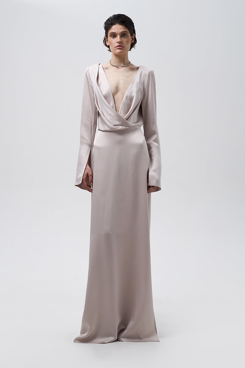 V-NECK DRESS IN LIGHT BEIGE - CULT MIA