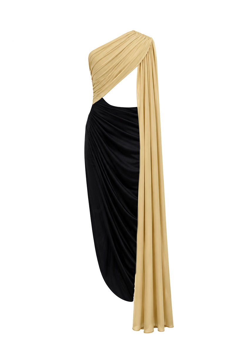 Black and gold AWAVE midi dress featuring detailed draped design and elegant cape overlay, perfect for formal occasions.