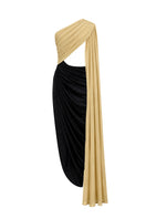 Black and gold AWAVE midi dress featuring detailed draped design and elegant cape overlay, perfect for formal occasions.
