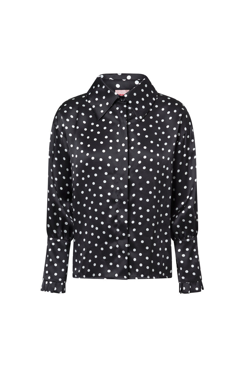 Señorita Antonia Polka Blouse in black and white, stylish shirt with polka dot pattern, displayed on a neutral background.