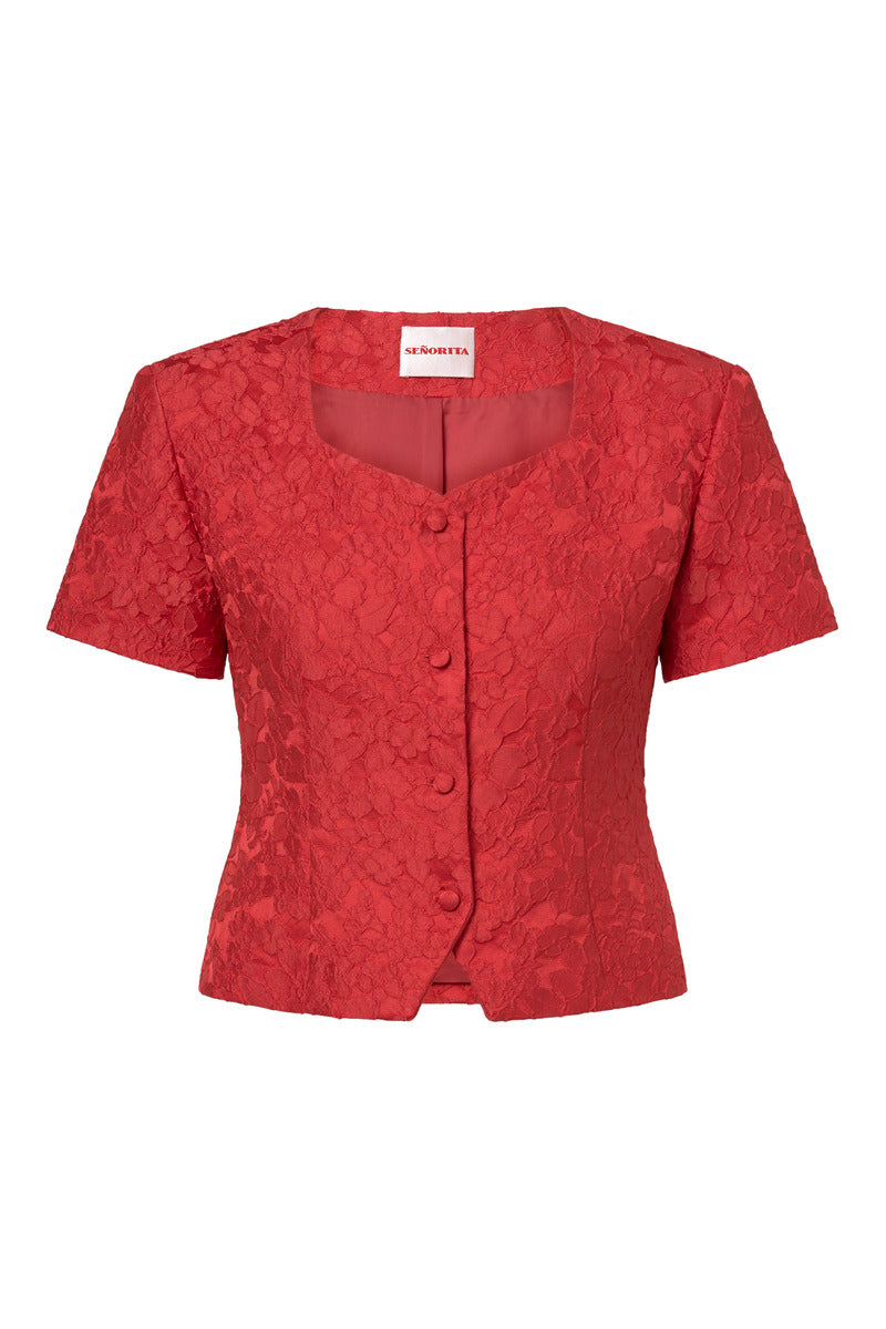 Señorita Aurora Top in red, stylish sleeveless blouse with a flowy fit, displayed on a mannequin.