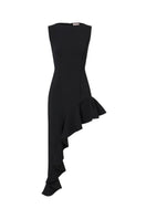 Black Señorita Olivia maxi dress displayed on a hanger, showcasing its elegant long silhouette and flowing fabric.