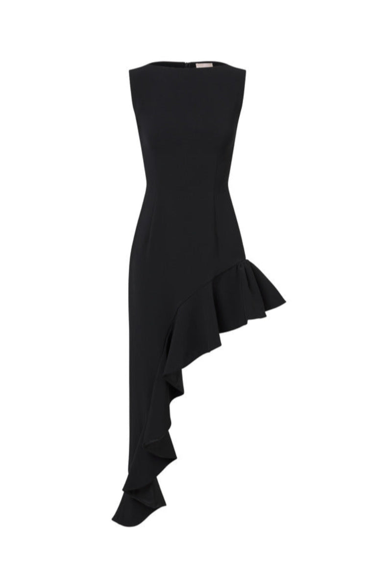 Black Señorita Olivia maxi dress displayed on a hanger, showcasing its elegant long silhouette and flowing fabric.