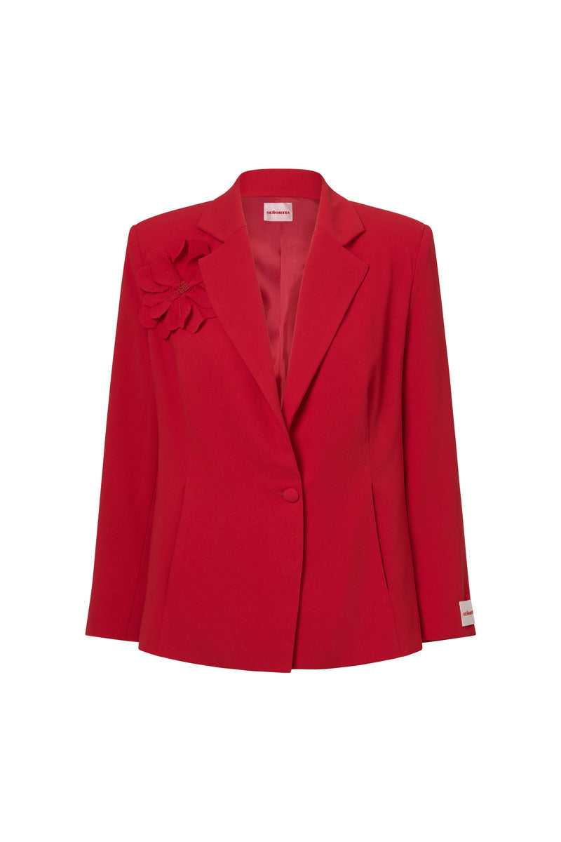 Red Señorita Teresa blazer with tailored fit, featuring a classic collar and sleek design, perfect for stylish professional wear.