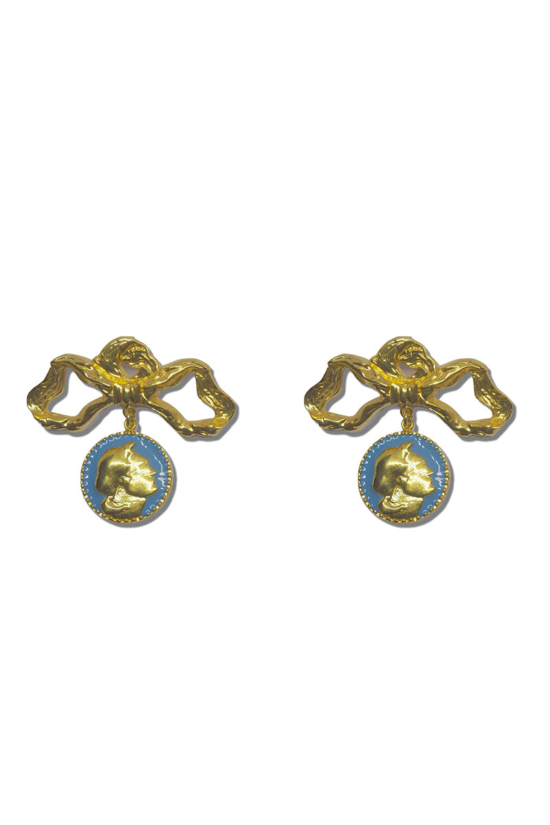 Natia x Lako bow with coin earrings featuring delicate gold-tone bows and hanging coin charms on earring hooks.