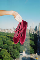 Flabelus Lucrecia Mary Jane flats in burgundy velvet with rounded toe and ankle strap, stylish and comfortable footwear.