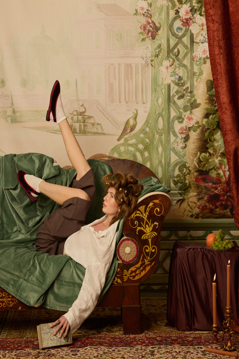 Flabelus Narnia burgundy flats with red piping, stylish slip-on shoes featuring a sleek design and comfortable fit.