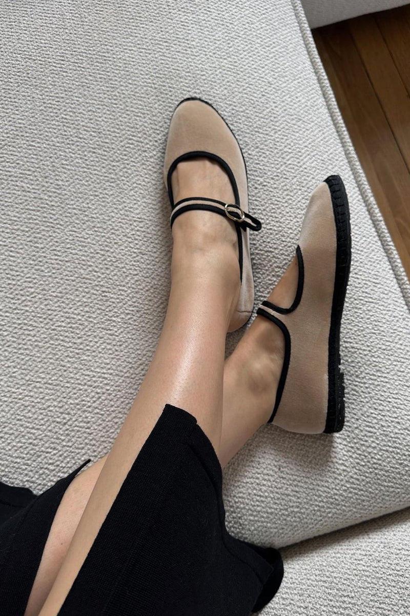 Flabelus Theodora Mary Jane velvet flats in beige with black piping, featuring a classic strap and stylish design.