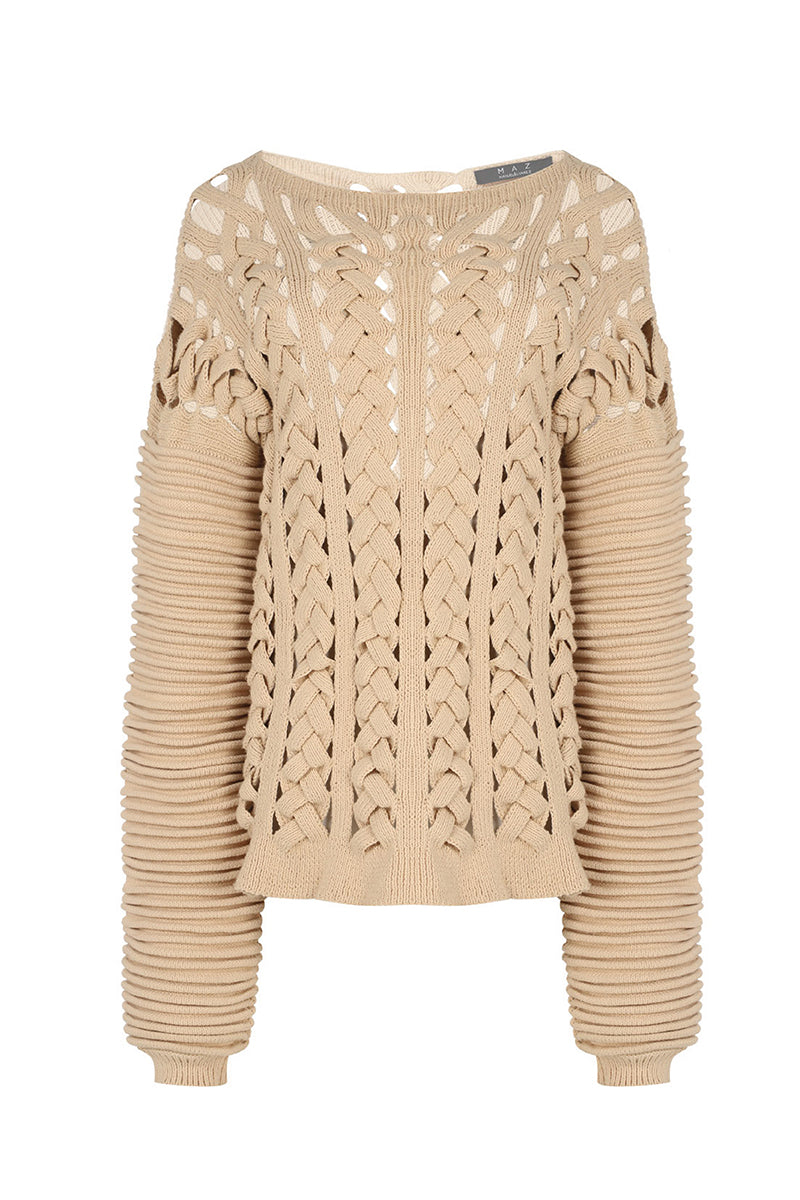 Ivory flat braided knitted sweater with accordion sleeves by MAZ Manuela Álvarez, featuring textured design and cozy fit.