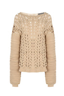 Ivory flat braided knitted sweater with accordion sleeves by MAZ Manuela Álvarez, showcasing textured knit and stylish design.