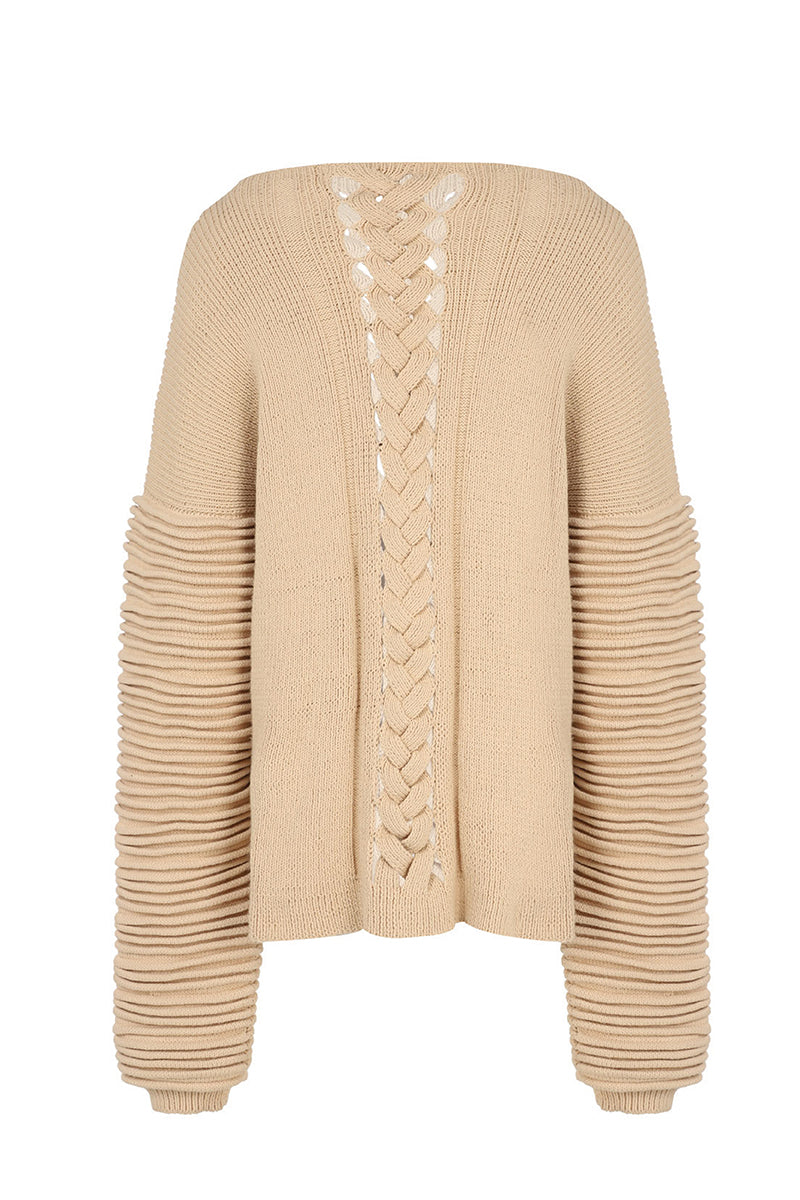 Ivory flat braided knitted sweater with accordion sleeves by MAZ Manuela Álvarez, stylish and cozy knitwear for women.
