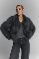 Fortini fluffy faux fur jacket in graphite gray, showing the soft, plush texture and cozy fit of the stylish winter outerwear.